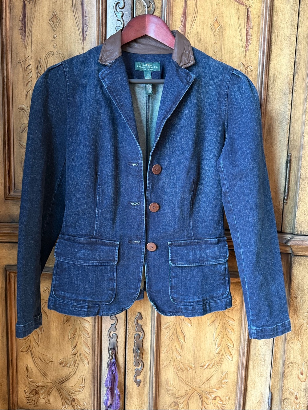 LAUREN, RALPH LAUREN Denim Blazer with Leather Trim - Navy Blue
